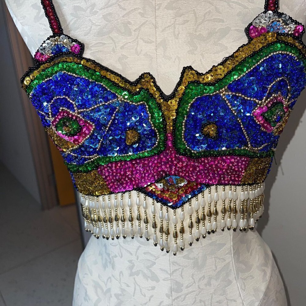 Vintage Sequin Bra Top Size Medium Multicolor Beaded Pearl Fringe Embellished
